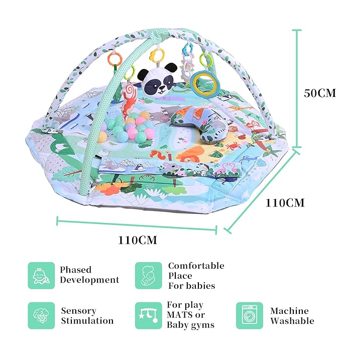 Baby Play Gym & Activity Mat,10-in-1 Tummy Time Mat,Panda Washable Baby Playmat with Detachable Toys,2 in 1 Baby Mat & Fence for Sensory Exploration and Motor Skill Development at Different Stages-CubbioJoy