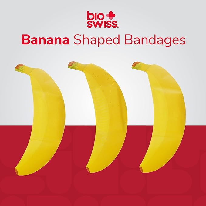 BioSwiss Bandages, Banana Shaped Self Adhesive Bandage, Latex Free Sterile Wound Care, Fun First Aid Kit Supplies for Kids, 50 Count-CubbioJoy
