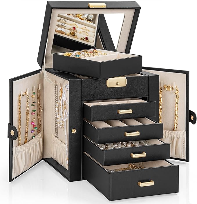 AKOZLIN 5-Tier Jewelry Box Leather Jewelry Storage Organizer with 4 Drawers Lockable for Women Girls Ring Necklace Earring Bracelet Watches Holder with Mirror Black-CubbioJoy