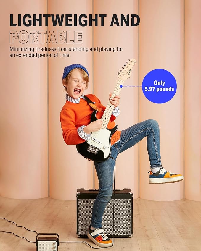 Donner 30 Inch Kids Electric Guitar Beginner Kits ST Style Mini Electric Guitar for Boys Girls with Amp, 600D Bag, Tuner, Picks, Cable, Strap, Extra Strings, DSJ-100, Black-CubbioJoy