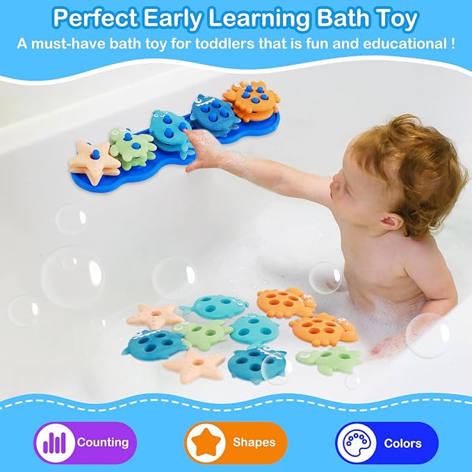 Baby Bath Toys, Mold Free Silcone Shape Sorting & Stacking Bath Toy Set with 10 Cute Floating Pieces, Color & Shape Sorter Toys for Toddler Early Learning Bathtub Fun-CubbioJoy