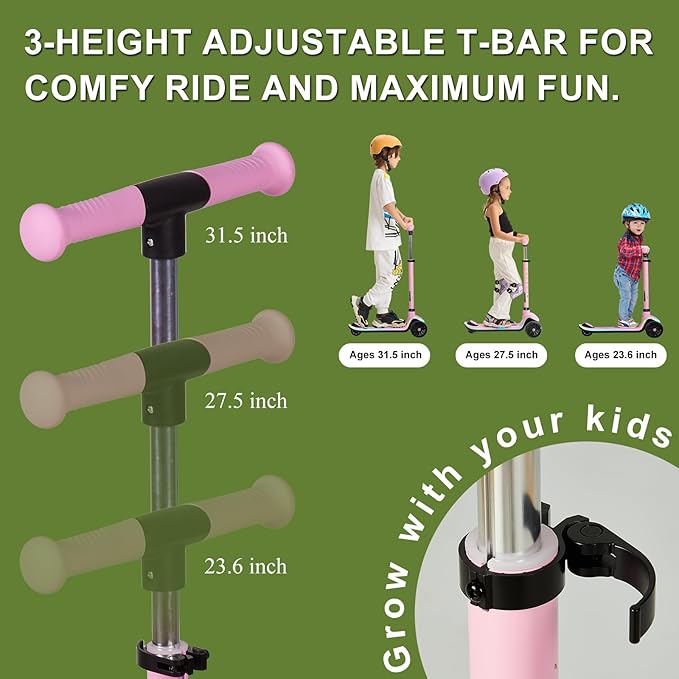 3-Wheel Light-Up Kids Scooter, 20 Different Light Patterns,Three Adjustable Heights,Lean to Steer, Balance Scooter for Ages 3-8-CubbioJoy