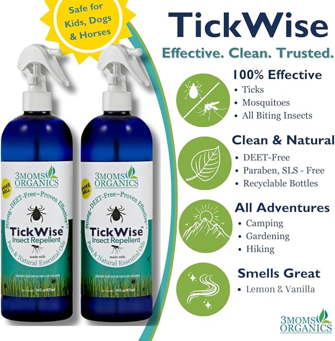 3 Moms Organics, TickWise 16oz Extra Strength Double Mama 2-Pack - DEET- Free, Tick and Insect Repellent, Plant Based Essential Oils, All Natural Ingredients, Safe for Kids, Adults, Dogs & Horses-CubbioJoy