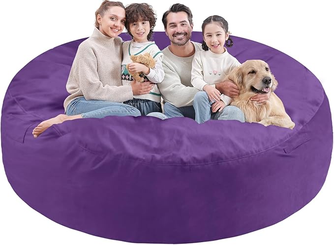 7FT Bean Bag Chair, Large Bean Bag Chairs with Memory Foam Filled, Fluffy Beanbag Sofa with Dutch Velvet Cover, Round BeanBag Chairs for Living Room, Playroom - Purple-CubbioJoy