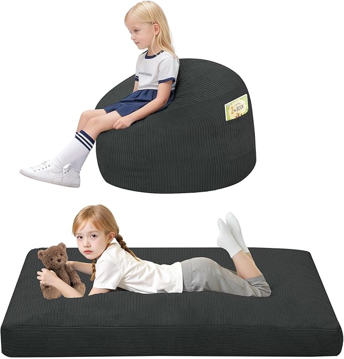 COMAX Bean Bag Chair for Kids 8-12, Toddler Beanbag Bed Corduroy, Convertible Child Bean Chair to Floor Mattress with Filler, Kid Reading Comfy Lounge Couch for Boys and Girls Bedroom, Dark Grey-CubbioJoy