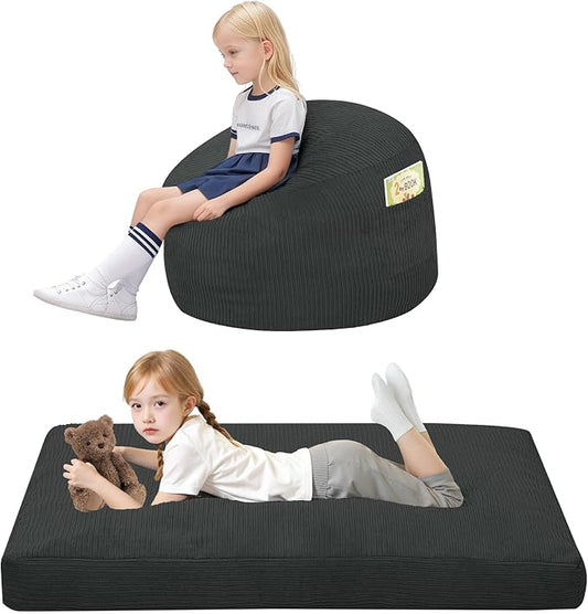 COMAX Bean Bag Chair for Kids 8-12, Toddler Beanbag Bed Corduroy, Convertible Child Bean Chair to Floor Mattress with Filler, Kid Reading Comfy Lounge Couch for Boys and Girls Bedroom, Dark Grey-CubbioJoy