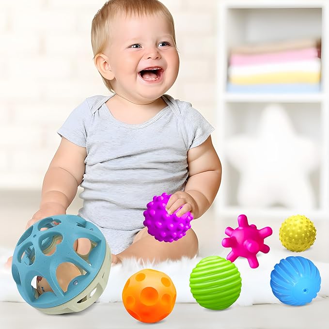Sensory Toys for Babies, Montessori Textured Baby Balls and Wheat Straw Rattle, Baby Toys for 6-12 Months, Ideal Newborn Gifts for Boys and Girls, Toddler Toys for 1-3-CubbioJoy