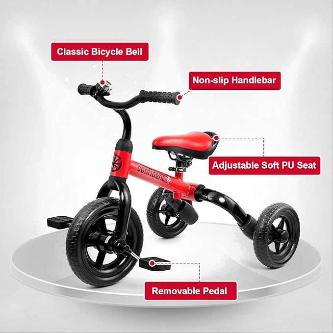 Ancaixin 3 in 1 Toddler Tricycles for 2-5 Years Old Boys and Girls with Detachable Pedal and Bell | Foldable Baby Balance Bike Riding Toys for Kids | Infant Birthday New Year Red-CubbioJoy