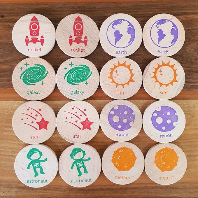 bee smart Wooden Memory Game - Matching Memory Game for Kids 3 and Up, 16Pcs | Educational Toy for Preschool Toddlers Board Games (Space)-CubbioJoy