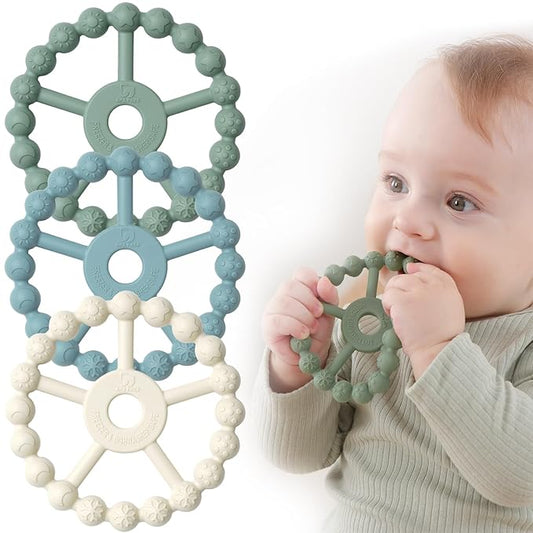 3 Pack Ring Teether Baby Infant Toys, Baby Essentials, Silicone Teething Ring Toys for Babies 0-6 Months, Seposeve Toddler Teethers 6-12 Months 12-24 Months, Infant Teething Relief, Green Blue White-CubbioJoy