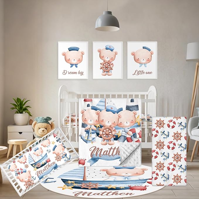 Custom Baby Bedding Set, 5 Pcs Customized Nursery Bedding Set with Name, Comfortable Double Layer Crib Sets for Boys Girls, Personalized Gifts for Infants Toddlers New Parents, Sailing Bear-CubbioJoy