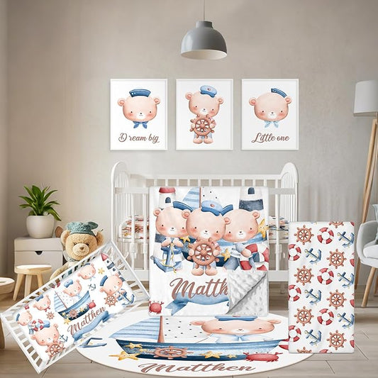 Custom Baby Bedding Set, 5 Pcs Customized Nursery Bedding Set with Name, Comfortable Double Layer Crib Sets for Boys Girls, Personalized Gifts for Infants Toddlers New Parents, Sailing Bear-CubbioJoy