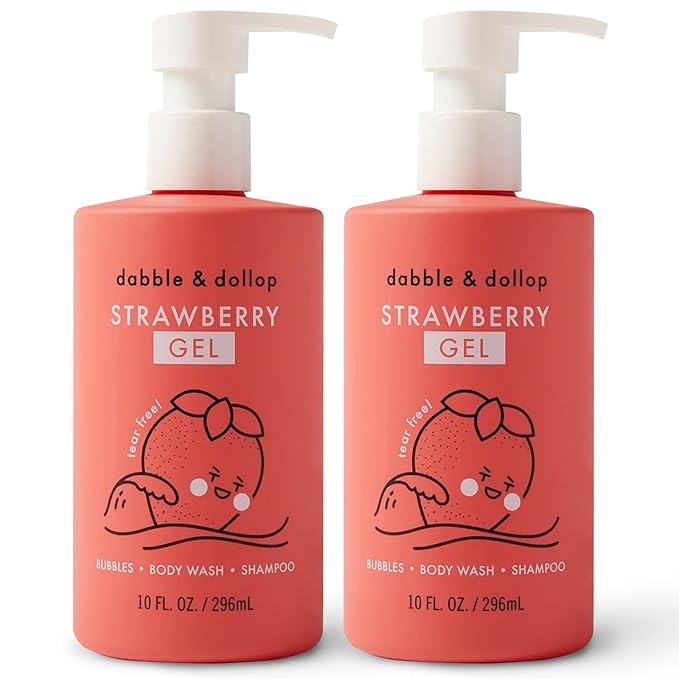 Dabble & Dollop Strawberry Body Wash & Shampoo – 3-in-1 Natural Bubble Bath for Kids, Made in USA, No Parabens or Sulfates, Vegan, Gluten-Free, Tear-Free (10oz, Pack of 2)-CubbioJoy