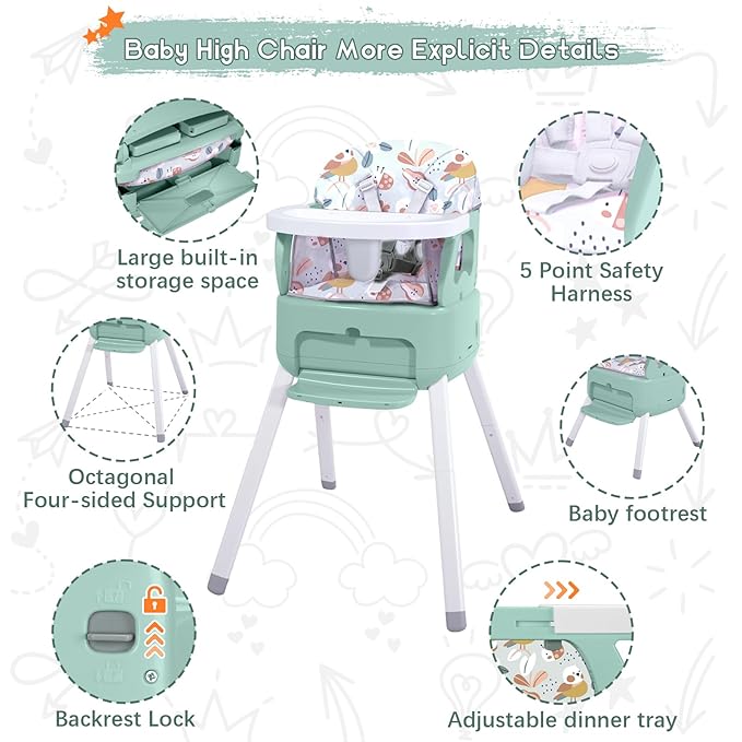 4 in 1 Portable Baby High Chair,Convertible Highchair for Babies and Toddlers-Foldable Infant Booster Seat,Carry Small Box,Dining Chair,Toddler High Chair with 5-Point Harness,Removable Tray-Green-CubbioJoy
