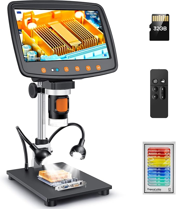 Digital Microscope with 7" LCD Screen,1500X Magnification Soldering Microscope with HDMI,Coin Microscope with 12MP Image Sensor,Windows/Mac/TV Compatible（32GB Card）-CubbioJoy