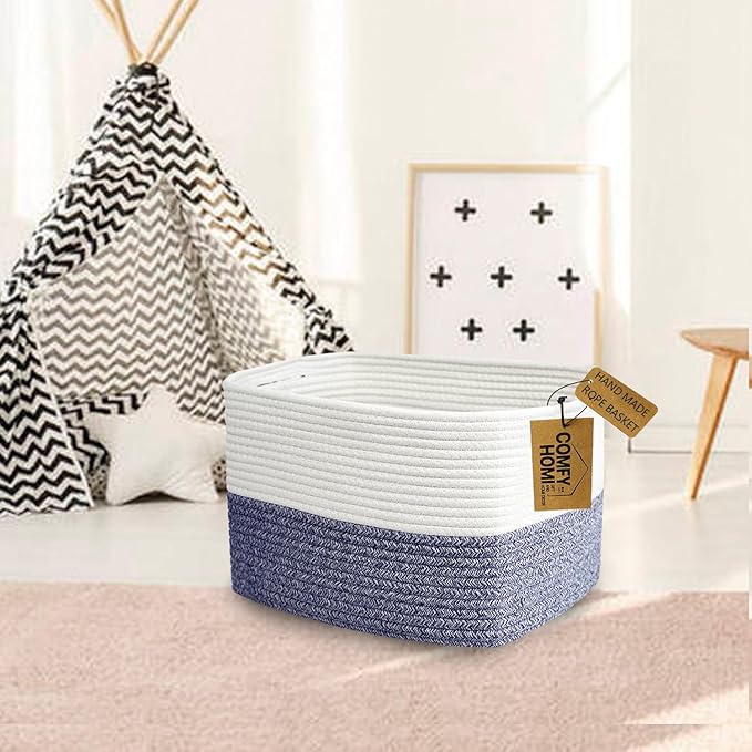 COMFY-HOMI 3 Pack Medium Cotton Rope Basket with Handles for Shelves, Dog Toy, Baby, Gift Organizing, Handwoven Craft - New Generation 13.5" x 11" x 9.5" (Navy Blue)-CubbioJoy