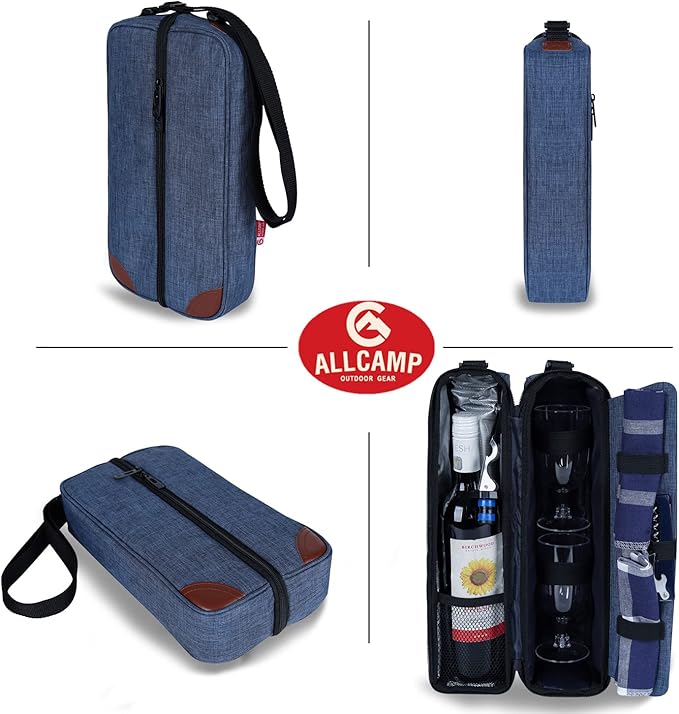 ALLCAMP Wine Bag - Insulated Cooler Bag with Wine Glasses, Bottle Opener & Wine Accessories for Wine Lovers - Portable Wine Gift Bag for Travel, Picnics, and Gift Ideas(Blue)-CubbioJoy