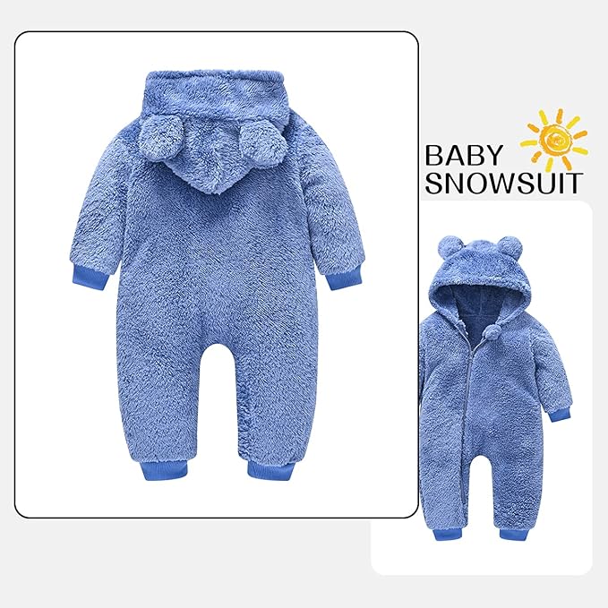 Baby Fleece Jumpsuits Infant Bear Ear Snowsuit Newborn Hooded Romper Warm Coat-CubbioJoy