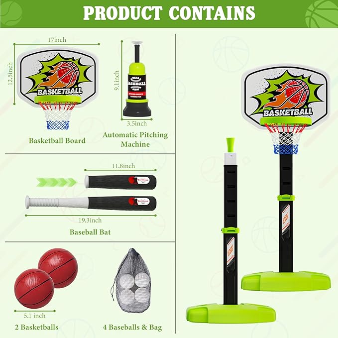 3 in 1 Toddler Basketball Hoop and Tee Ball Set for Boys: Kids Baseball Tee with Automatic Pitching Machine Adjustable Height Indoor and Outdoor Sports Toys Christmas Birthday Gifts for Boy Age 3-12-CubbioJoy