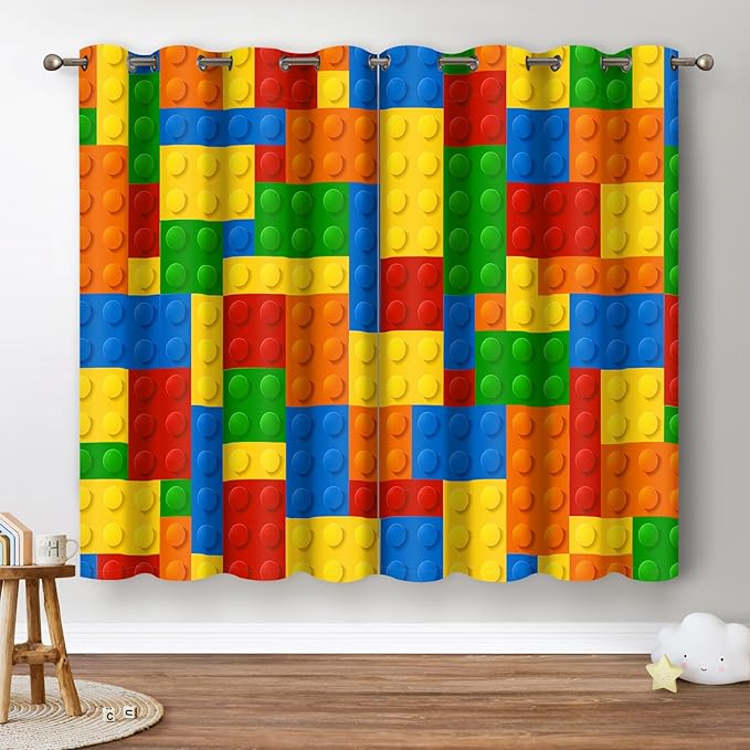 Jekeno Colorful Building Blocks Blackout Curtains - Kids Boys Girls Teens Abstract Geometric Toy Curtains Toddlers Bedroom Playroom Blue Red Yellow Decor Grommet Window Drapes 2 Panel Set, 42"x54"-CubbioJoy