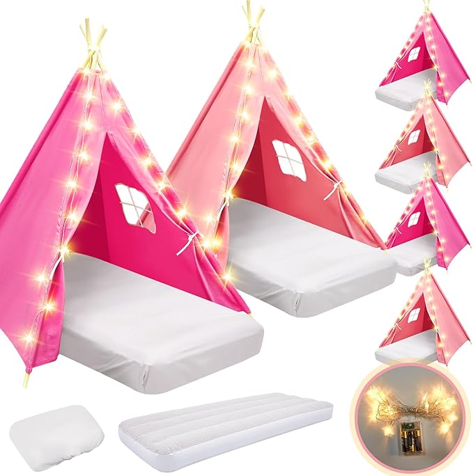 6 Pack Sleepovers Teepee Tent for Kids Bulk with Mattress Sheet Light,Natural Cotton Washable Indoor Play Tent for Birthday Slumber Party Girls Boys Pajama Movie Night Supplies(Pink, Rose Red)-CubbioJoy