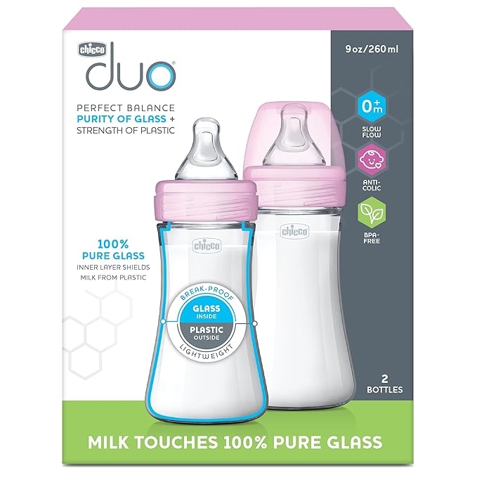 Chicco Duo 9oz. Hybrid Baby Bottle with Invinci-Glass Inside and Plastic Outside | Dishwasher, Bottle Warmer, and Electric Sterilizer Safe | Intui-Latch Nipple | Clear/Pink, 2pk-CubbioJoy