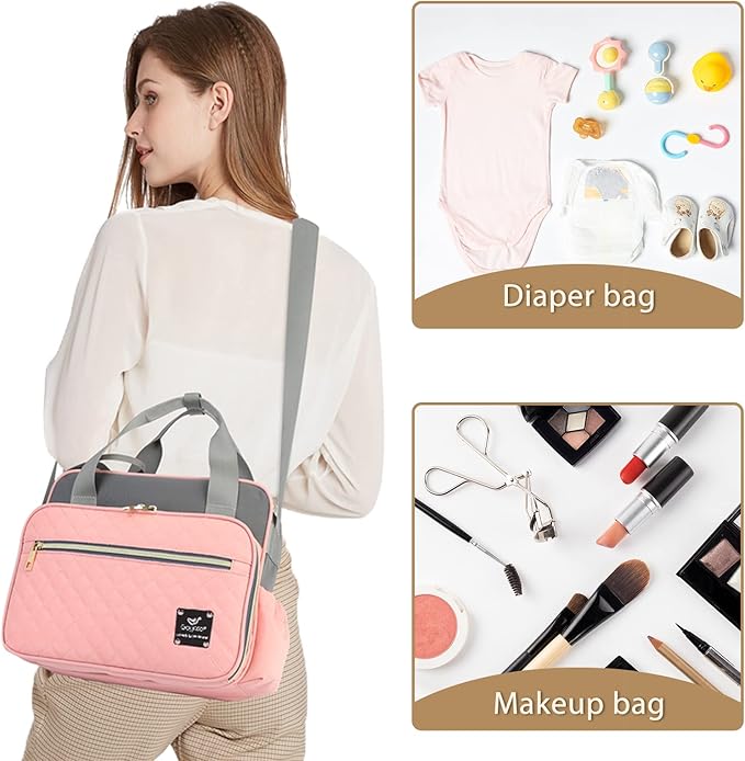 Crossbody Small Diaper Bag, Cute Mini Baby Diaper Tote Bags with Insulated Pockets for Traveling Outdoor Parent, Pink & Gray-CubbioJoy