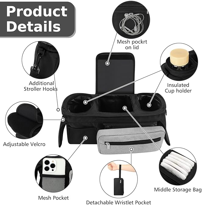Accmor Universal Stroller Organizer with Insulated Cup Holder Detachable Phone Bag and Shoulder Strap,Stroller Bag Caddy Organizer Fits for Uppababy, Baby Jogger, Britax Strollers-CubbioJoy