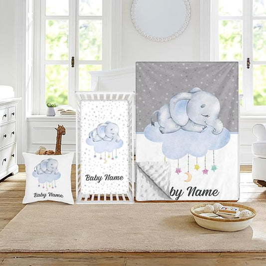 Custom Crib Bedding Set - Elephant Design Personalized Name Baby Nursery Bed 3 Pcs Set - Chic Soft Blanket with Dotted Backing, Sheet, Pillowcase for Newborn Girls Boys Gifts Color17-CubbioJoy