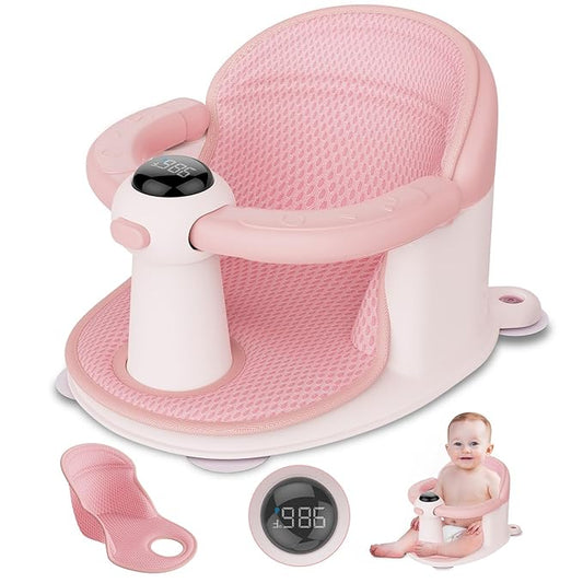 Baby Bath Seat-for Babies 6 Months & up, Water Temperature Display+Soft Cushion, Non-Slip Toddler Bath Seat for Baby, Sit Up Bath Seat for Baby, Pink-CubbioJoy