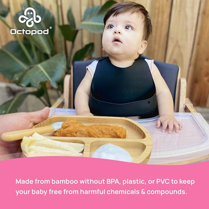 Abiie Octopod Bamboo Dish - Kids Plates for 4 months and up, 3-Compartment Baby Plates with Suction, Triangle Bamboo Baby Plate, Mess-Free Toddler Suction Plates, Baby Feeding Supplies, 8.3x1.9x7.7 in-CubbioJoy