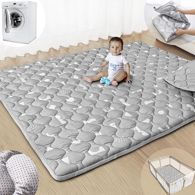 Baby Play Mats for Floor, 71”x59” Upgraded Thickness & Larger Super Soft Playmat for Babies and Toddlers, Foldable Washable, Upgrade Anti-Slip Crawling Mat for Playpen(Boho Gray)-CubbioJoy