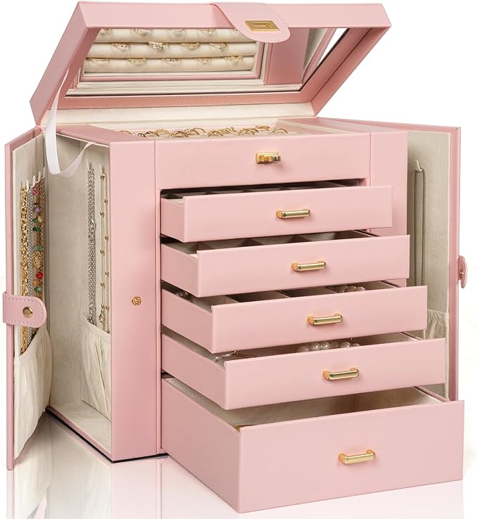 AKOZLIN Huge Jewelry Box Organizer Functional Extra Large Leather Jewelry Storage Case for Women Girls Ring Necklace Earring Bracelet Holder Organizer with Mirror-CubbioJoy