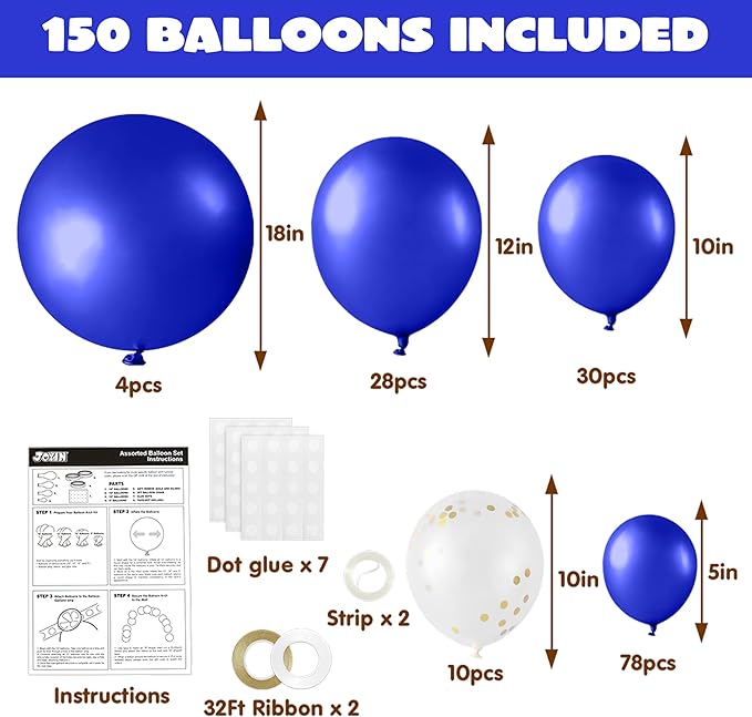 JOYIN 150 Pcs Royal Blue Balloons, Different Sizes 18 12 10 5 Inch Royal Blue Latex Balloon Arch Kit with Instruction for Birthday Party Graduation Wedding Holiday Decoration-CubbioJoy