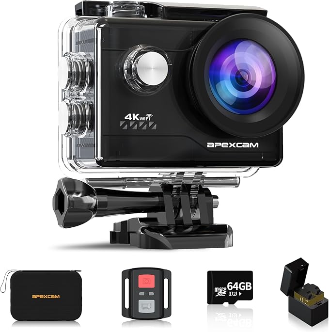 Apexcam Action Camera 4K with 64G SD Card Sport Cameras 20MP 131FT Waterproof Underwater Camera 170°Wide-Angle WiFi Camera with 2.4G Remote Control, 2 Batteries, Mounting Accessories Kits-CubbioJoy