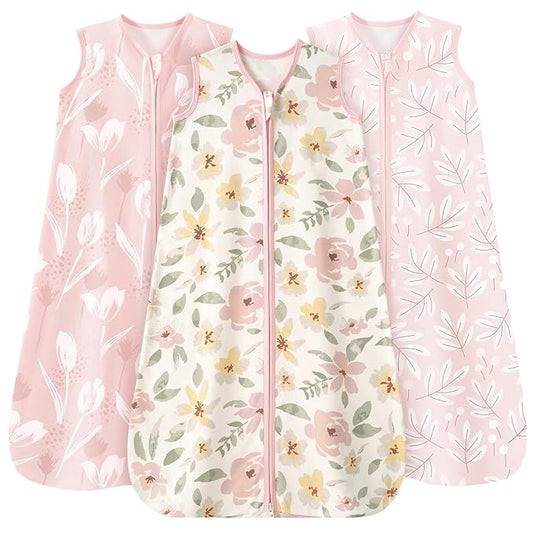 Baby Sleep Sack 12-18 Months 3 Pack 100% Cotton Lightweight 0.5 TOG Wearable Blanket Baby Sleep Bag with 2-Way Zipper for Newborn Infant Pink Flowers & Leaf-CubbioJoy