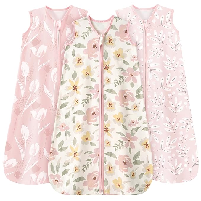 Baby Sleep Sack 18-24 Months 3 Pack 100% Cotton Lightweight 0.5 TOG Wearable Blanket Baby Sleep Bag with 2-Way Zipper for Newborn Infant Pink Flowers & Leaf-CubbioJoy