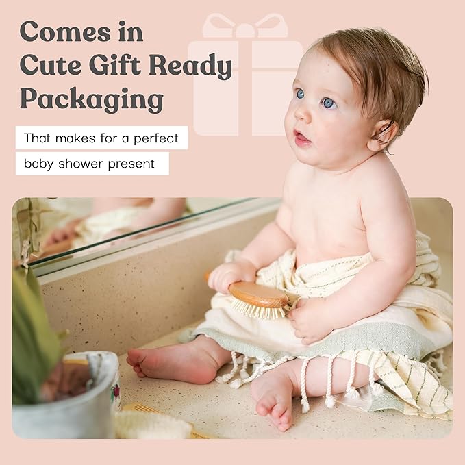 4 Piece Wooden Baby Hair Brush and Comb Set for Newborns & Toddlers in Chic Gift Box - Ultra Soft Natural Goat Hair and Wood Baby Brush Set Prevents Cradle Cap - Perfect Registry Gift (Pink)-CubbioJoy