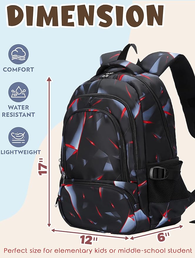 BLUEFAIRY Kids Backpack for Boys Elementary Primary School Bags for Childs Black Bagpack Book Bag Back to School Gifts for Son Mochilas Escolares para Niños 17" Large Compartment Black/Red-CubbioJoy