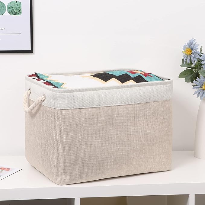 Bidtakay Beige Storage Basket Large Fabric Cloth Baskets [2-Pack] Tall Rectangular Shelf Baskets 16X11.8X11.8 in Canvas Collapsible Storage Bins with Handles for Organizing Living Room(White&Beige)-CubbioJoy