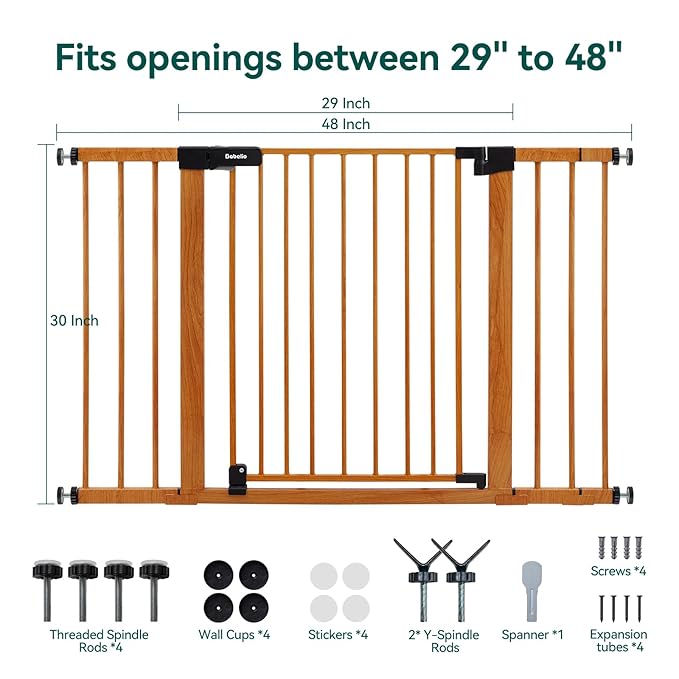 BABELIO 29-48" Metal Baby Gate with Brown Wood Pattern, Auto Close Dog Gate for The House, Stairs and Doorways, Pressure Mounted Pet Gate with Door, Safety Gate for Child and Pets-CubbioJoy