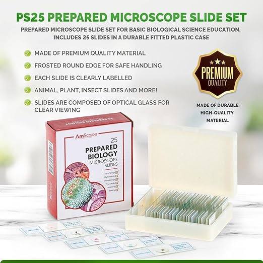 AmScope 25pc Prepared Glass Microscope Slides in Plastic Case with Plant, Fungus, Insect and Mammal Specimens-CubbioJoy