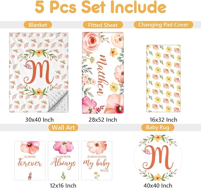 Custom Baby Bedding Set - 5 Pcs Customized Nursery Bedding Set with Name - Comfortable Double Layer Crib Sets for Girls Boys - Personalized Gifts for Toddler Infant New Parents - Orange Flowers-CubbioJoy