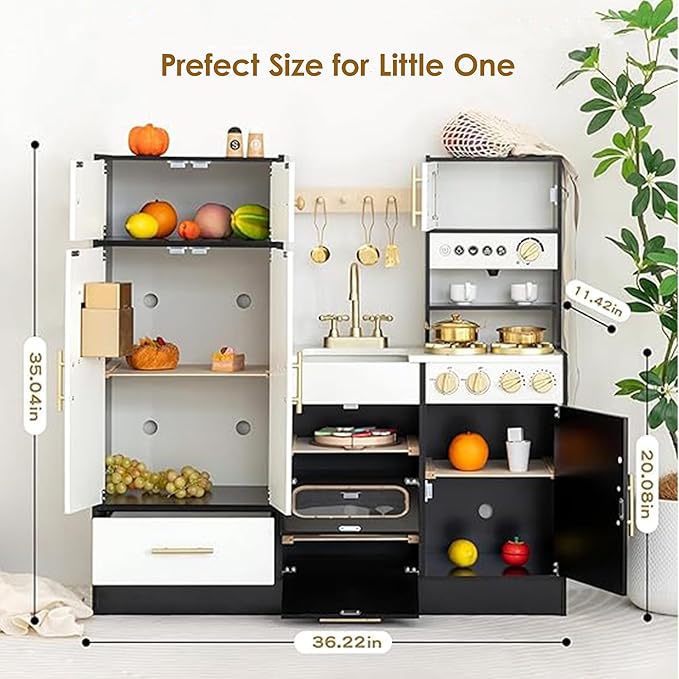 Interactive Wooden Play Kitchen for Kids 3+ Realistic Stove Sounds & Ice Maker Pretend Playset with 12 Kitchen Accessories Montessori Toy-CubbioJoy