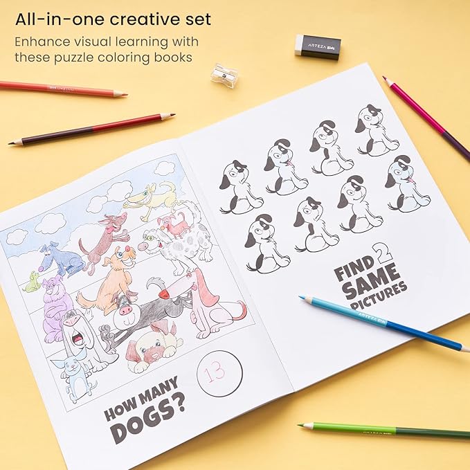 Arteza Kids Activity Book, I Spy Coloring Book, 8.5 x 11 Inches, School Supplies for Ages 6 and Up, 50 Sheets, 12 Double-Ended Colored Pencils, Black Marker, Eraser, Pencil Sharpener-CubbioJoy