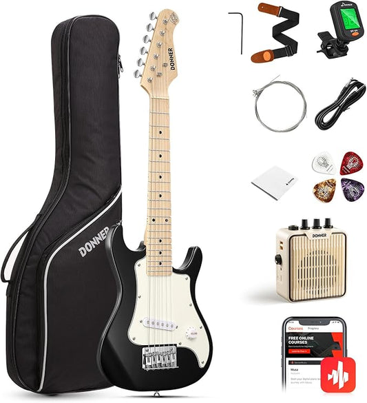 Donner 30 Inch Kids Electric Guitar Beginner Kits ST Style Mini Electric Guitar for Boys Girls with Amp, 600D Bag, Tuner, Picks, Cable, Strap, Extra Strings, DSJ-100, Black-CubbioJoy