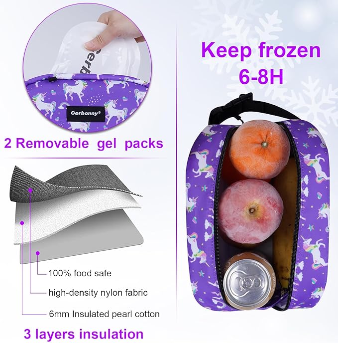 Cerbonny Small Freezable Cooler Bag for Work, School, Travel - Insulated Lunch Bag for Kids/Adults, Mini Size Fits Yogurt - Suitable for 3+ (Purple Unicorn)-CubbioJoy