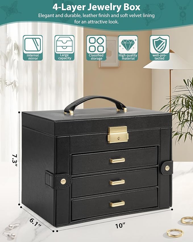 AKOZLIN Large 4-Tier Jewelry Box Leather Jewelry Storage Organizer with 3 Drawers Lockable for Women Girls Ring Necklace Earring Bracelet Watches Holder with Mirror Black-CubbioJoy