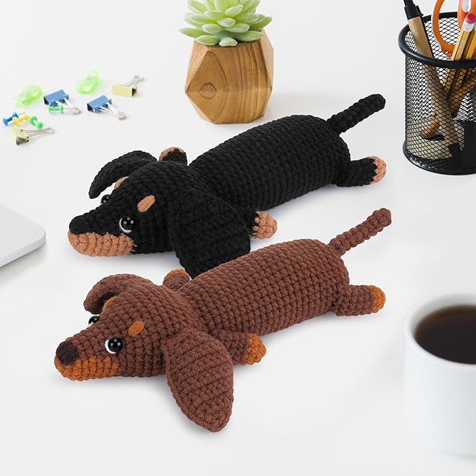 Crochet Kit for Beginners - 2 PCS Dachshund Crochet Kits with Step-by-Step Video Tutorials, Beginner Crochet Kit for Adults, Crochet Animal Kit for Kids, Dog Craft Knitting Kit-CubbioJoy