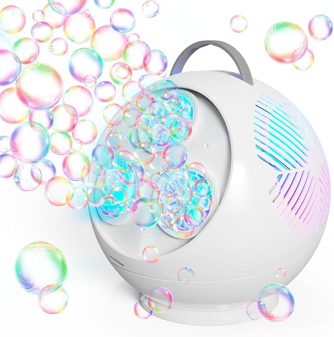 Bubble Machine Automatic Bubble Blower for Kids Toddlers Rechargeable Portable Spherical LED Bubble Maker Electric Auto Rotating 45°/360° Outdoor Toy Birthday Party Wedding (Spherical White)-CubbioJoy